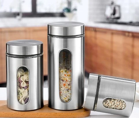 3Pcs Stainless Steel Food Canister Kitchen Storage Jar with Glass Window for Grains Beans Spices