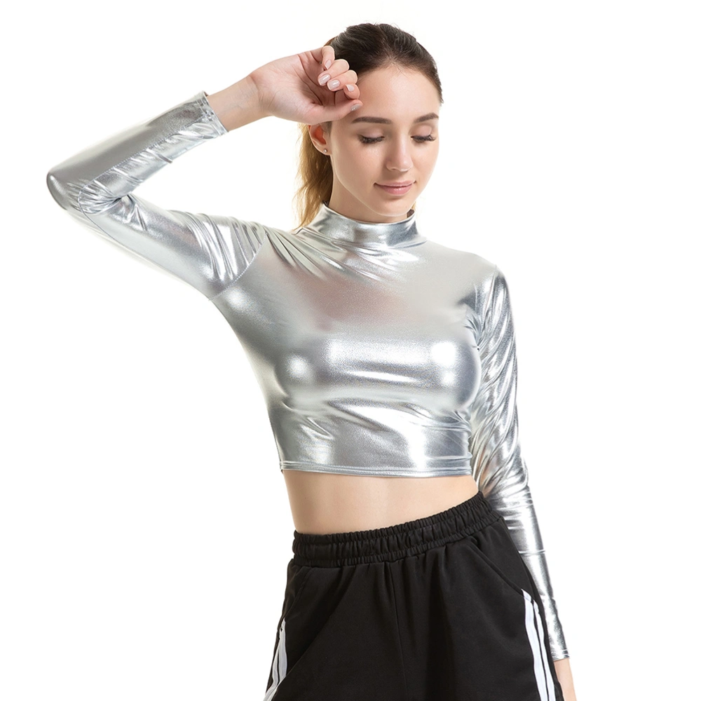 Silver Sexy Solid Color Bustier Patent Leather Performance Costume Long Sleeve Clothes for Cosplay Nightclub Stage Women - Size XL