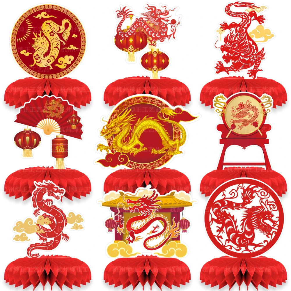 9pcs Chinese New Year Desktop Ornaments Festive Party Paper Crafts Decorations