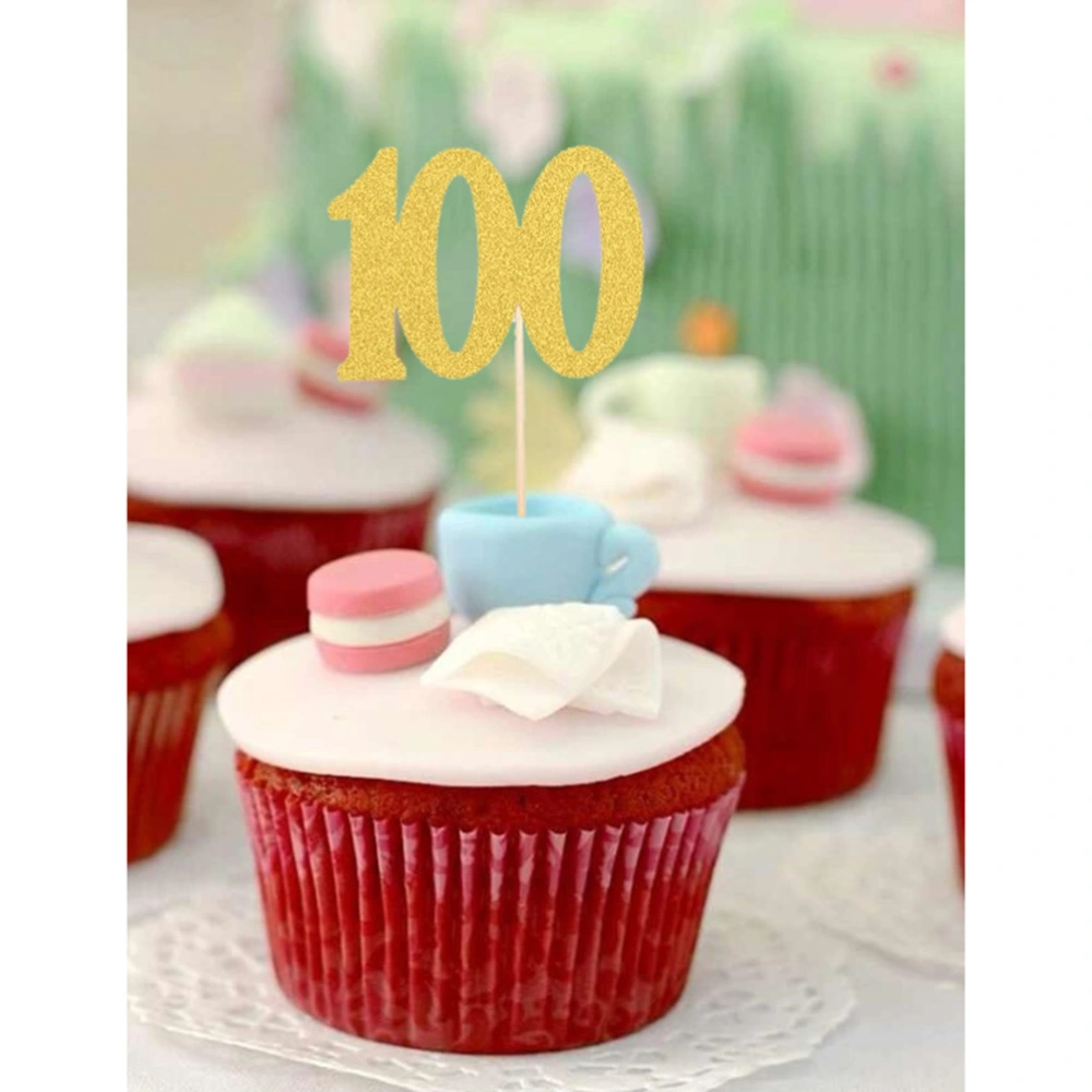 10pcs Number 100 Cupcake Pick Glitter Paper Cake Stick Pick Topper Decor Cake Decorations(Golden)