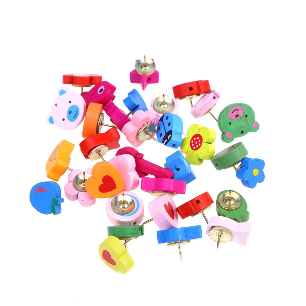 30pcs Wood Push Pin Lovely Cartoon Thumbtacks Decorative Thumb Tack for Home and Office(Assorted Color)