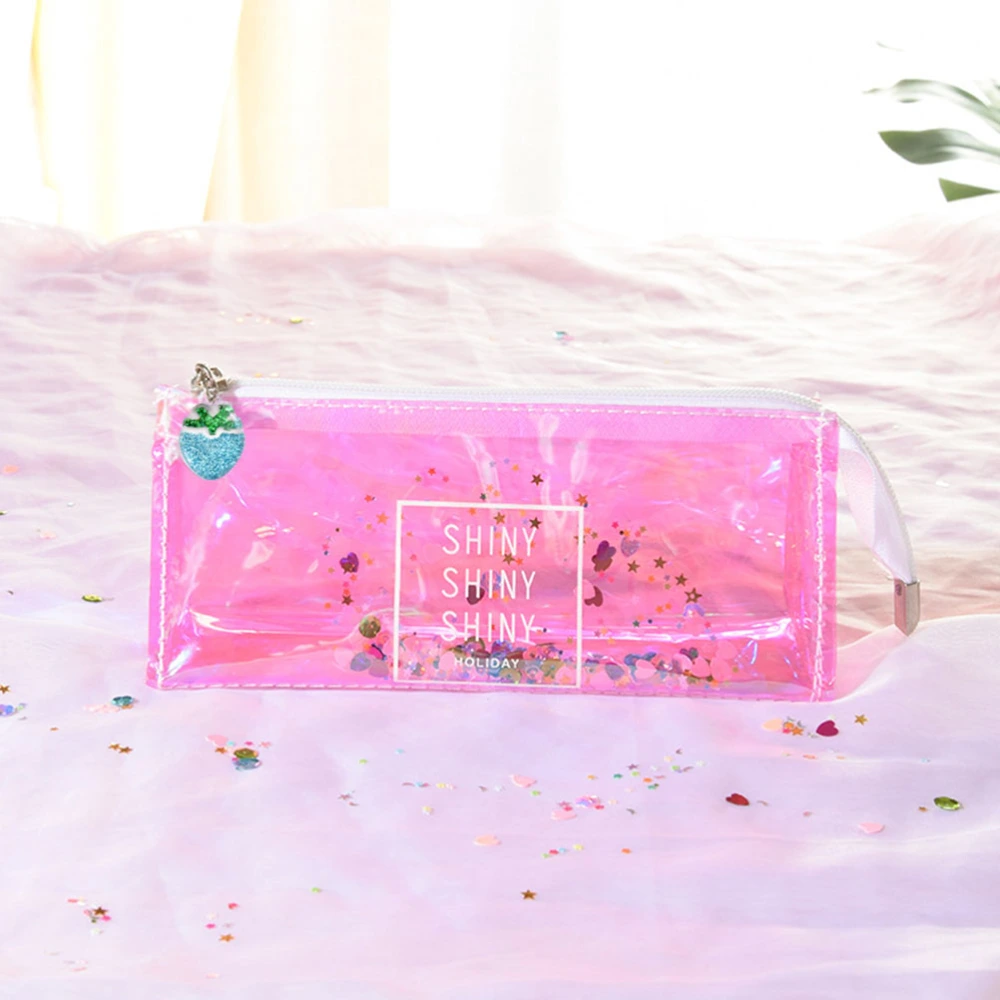 Shiny Portable Transparent Pen Bag Pencil Case Creative Beautiful Stationery Bag for Student (Pinkish Purple)