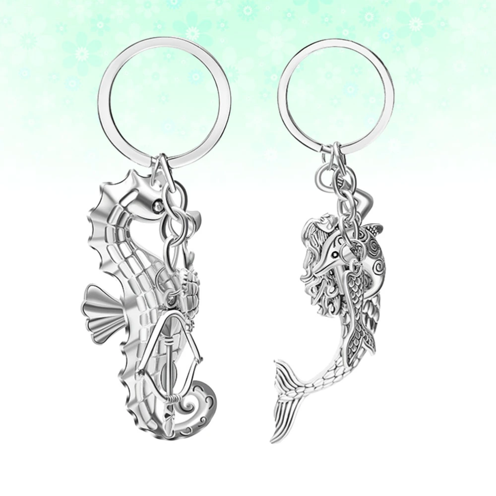 2pcs Marine Life Gift Keychains Vintage Hippocampus Key Holder Mermaid and Dolphin Pendant Alloy Key Rings Craft Ornaments Party Supplies(2 Pattern, 1pc for Each Pattern)