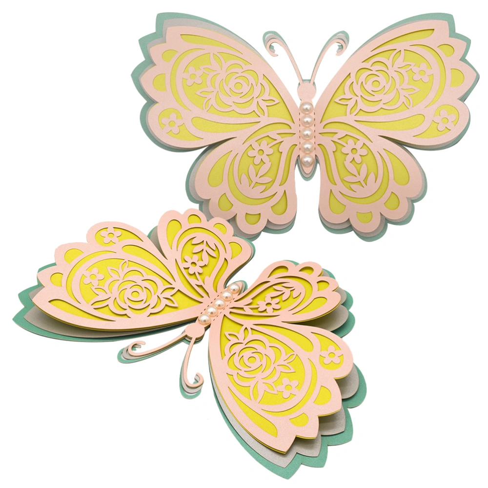 2pcs Creative 3D Butterfly Sticker for Wedding Party Four-layer Hollow Pearl Decorated Wall Decal