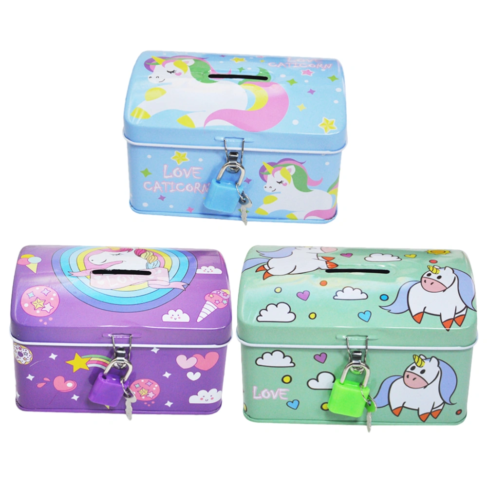 3pcs Unicorn Piggy Bank Cartoon Tinplate Piggy Bank with Lock Girls Coin Bank