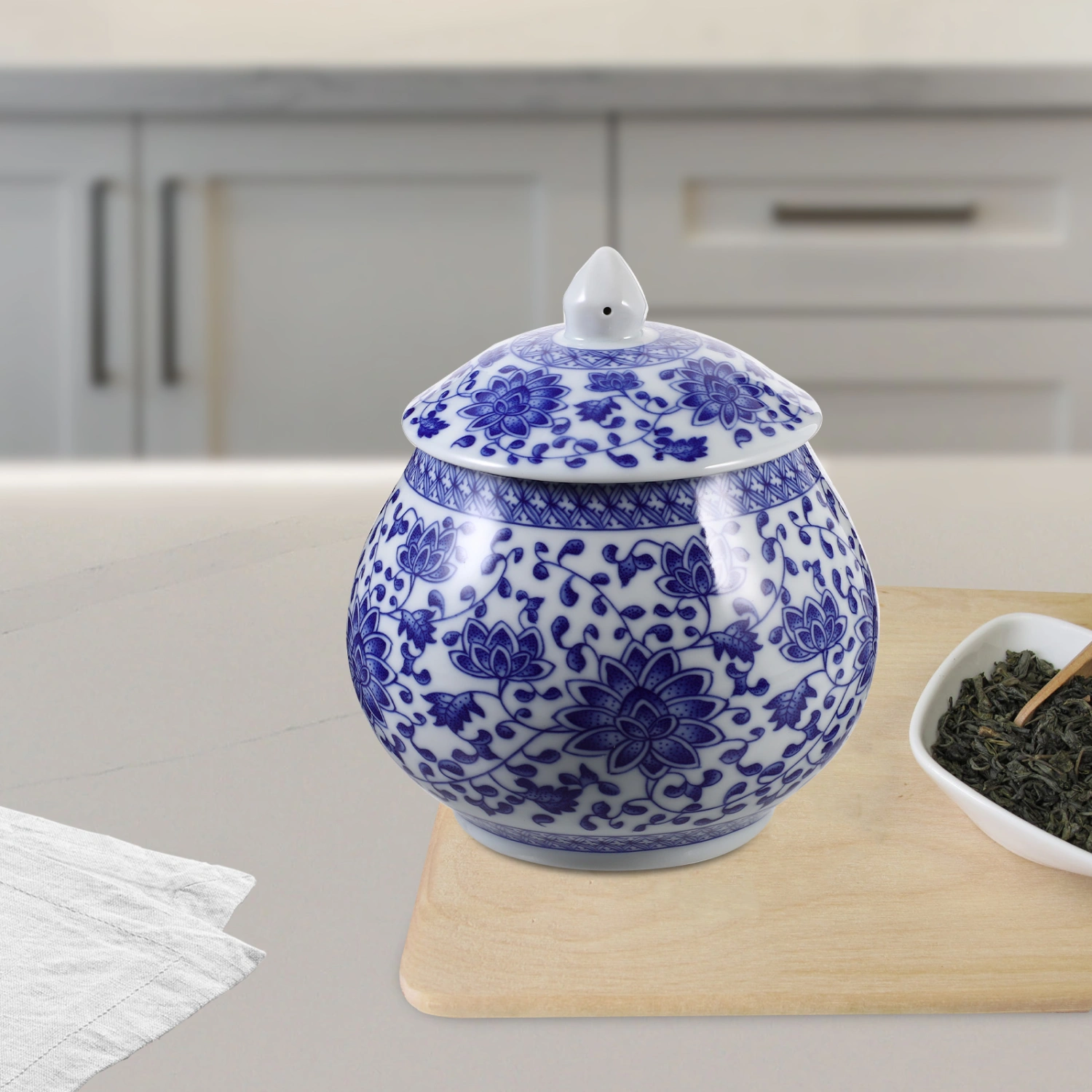 Chinese Style Ceramic Tea Jar Traditional Storage Jar Sugar Can Canister Tea Coffee Tin