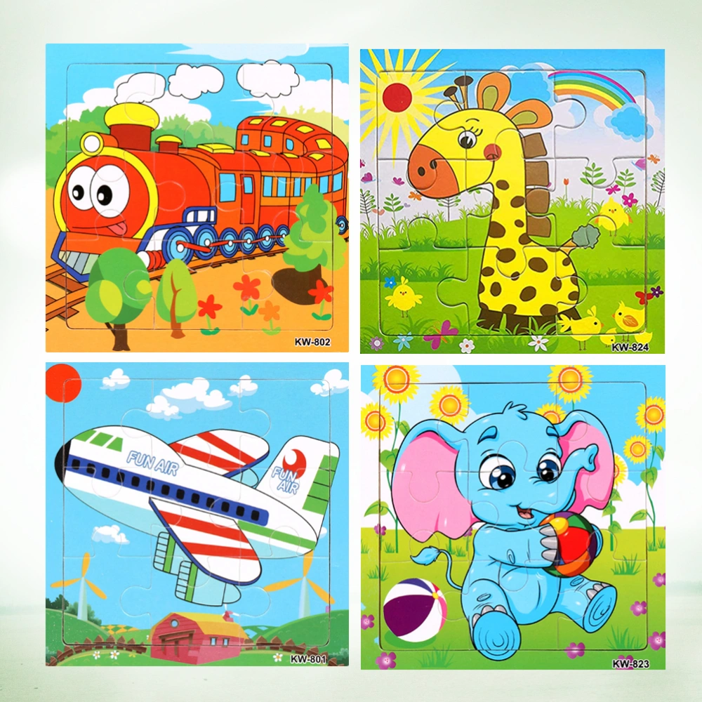 4PCS Wooden Flat Puzzles Toy Preschool DIY Puzzle Toy Cartoon Animals Flat Puzzles Educational Puzzle Toys for Boys Girls Elephant Giraffe Train Aircraft Style