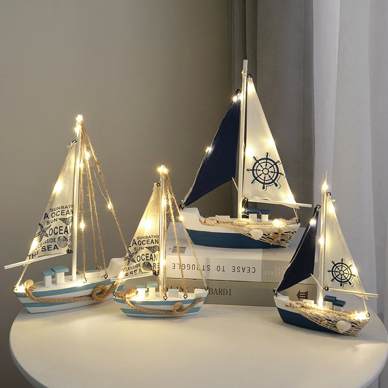 LED Nautical Sailboat Ornament Mediterranean Sailboat Decor Wooden Sailing Ship Decoration