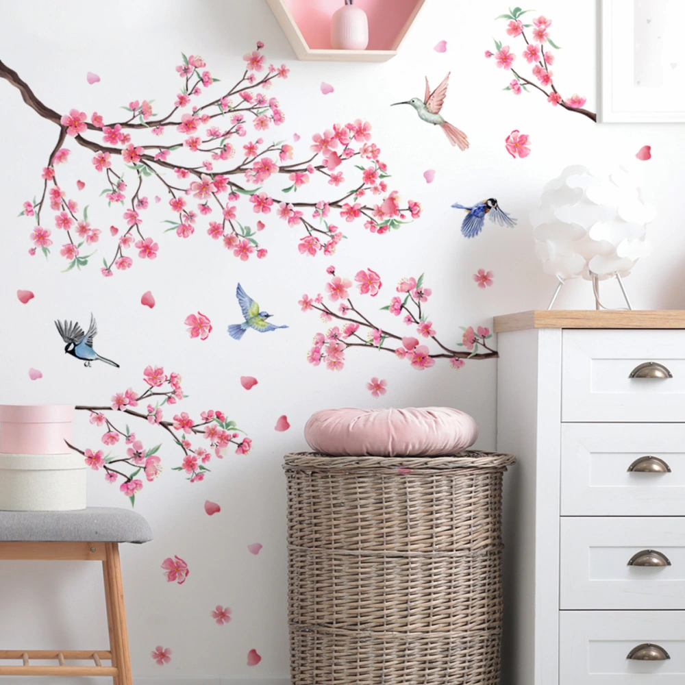 2pcs Flower Wall Decal Self-adhesive Beautiful Flower Tree Branch Bird Wall Sticker Wall Mural