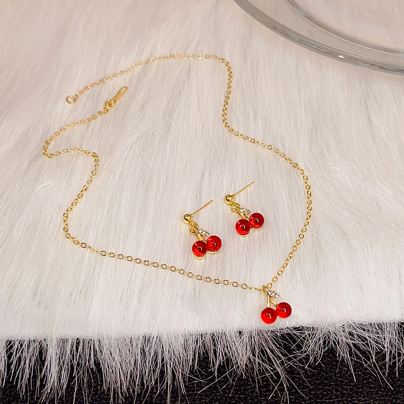 1 Set Cherry Jewelry Cherry Pendant Necklace and Dangle Earrings Fruit Pendant Jewelry Set