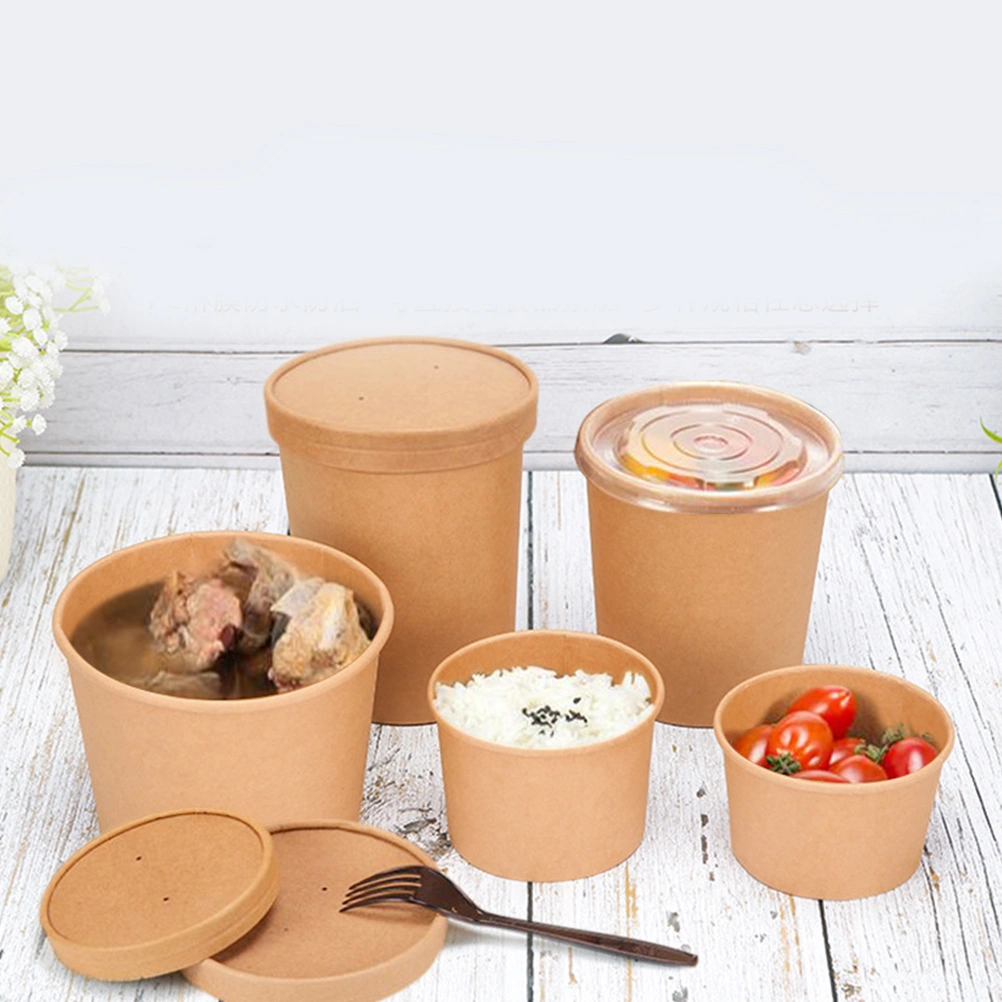 50 Pcs 12 Oz Hot Soup CupThicken Disposable Oirl-proof Kraft Paper Barrel Soup Container With Lids (50 Paper Cup + 50 PP Lid)