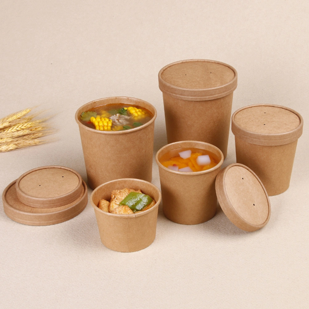 50 Pcs 12 Oz Hot Soup CupThicken Disposable Oirl-proof Kraft Paper Barrel Soup Container With Lids (50 Paper Cup + 50 PP Lid)
