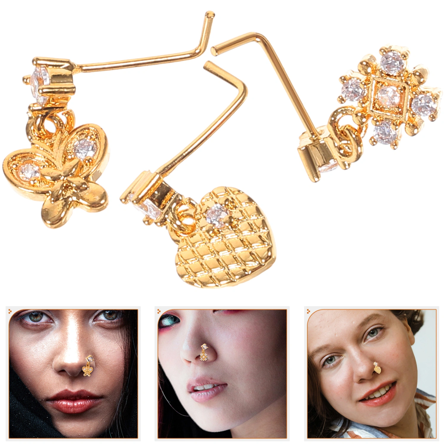 3pcs Dangle Nose Rings Studs for Women L Shaped Nose Rings Nose Piercing Jewelries