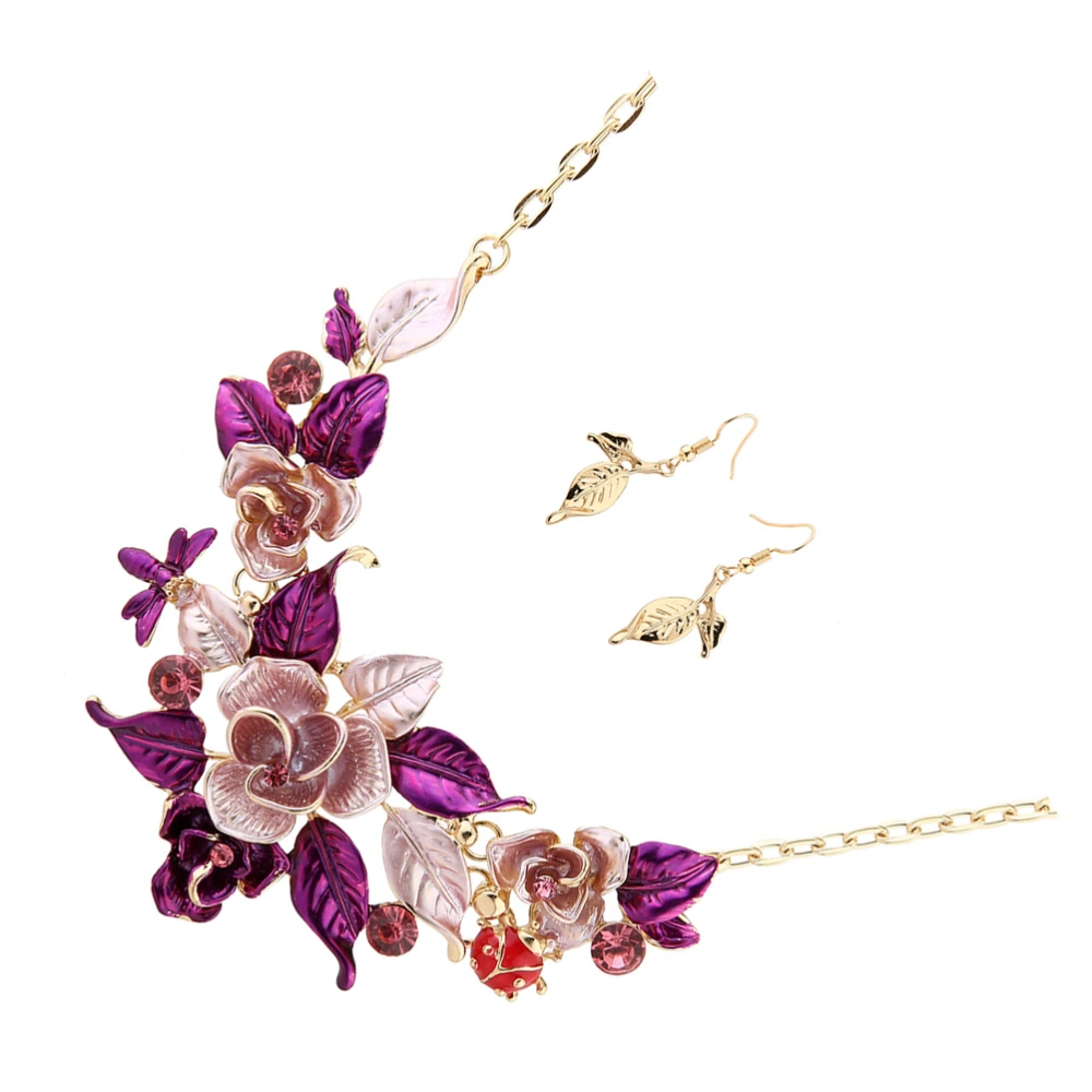 Fancy Flower Sweater Necklace Chain Accessories Jewelry Set with Earrings for Women (Purple)