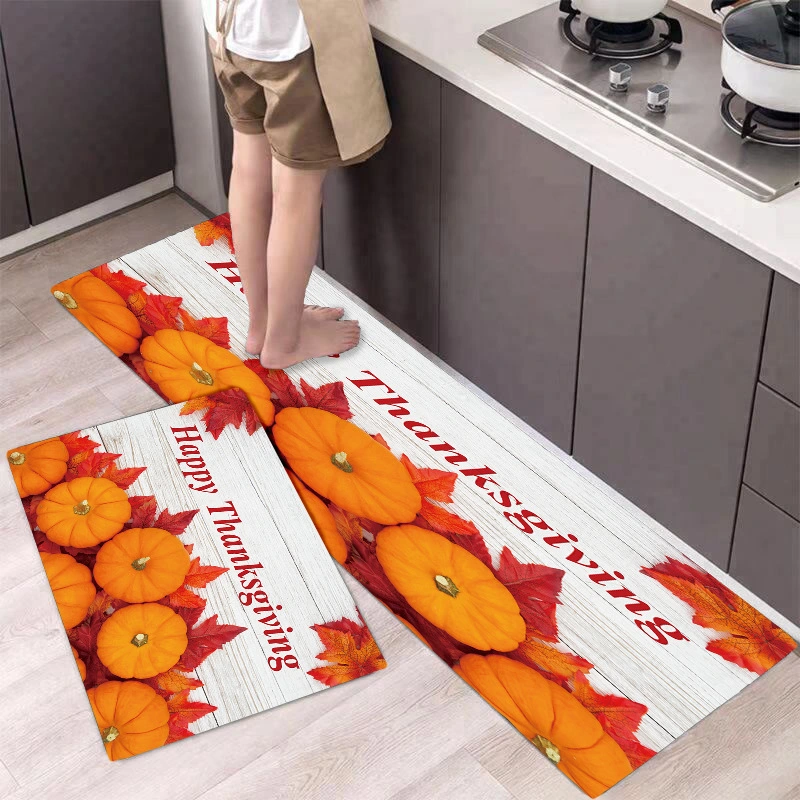 2Pcs Thanksgiving Fall Kitchen Rug Non Slip Farmhouse Pumpkin Maple Leaf Kitchen Rug