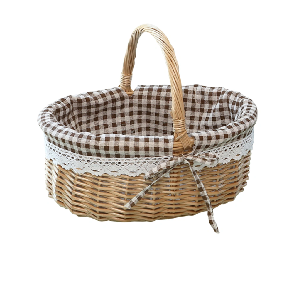 Hand Woven Picnic Bag Gift Basket Wicker Storage Basket Linen Inner Basket for Storage Use Size S (Primary Color Coffee Plaid Fabric)