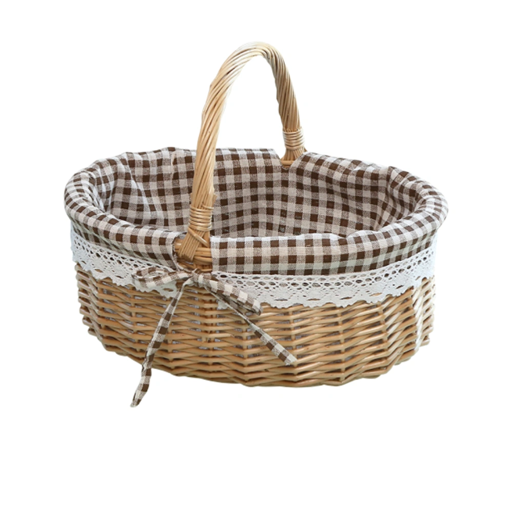 Hand Woven Picnic Bag Gift Basket Wicker Storage Basket Linen Inner Basket for Storage Use Size S (Primary Color Coffee Plaid Fabric)