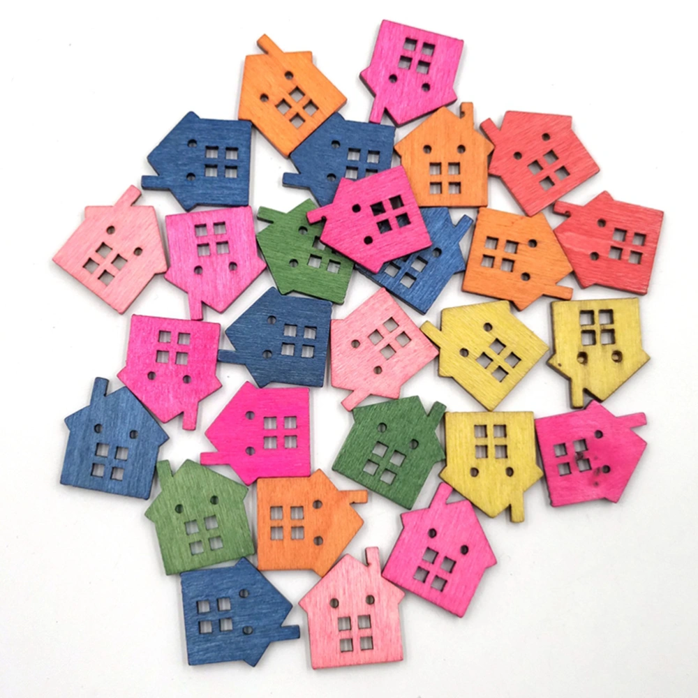 50pcs Cartoon Little House Pattern Wooden Buttons Wood Buttons Environmental Colorful Printed DIY Buttons (Mixed Color)