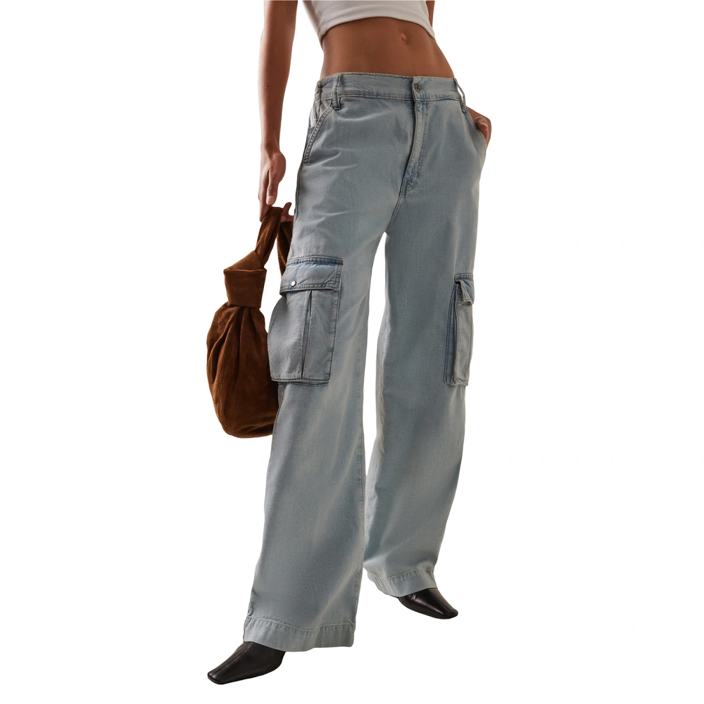 Women's Spring Summer Sky Blue Baggy Wide Leg Jeans with Pockets