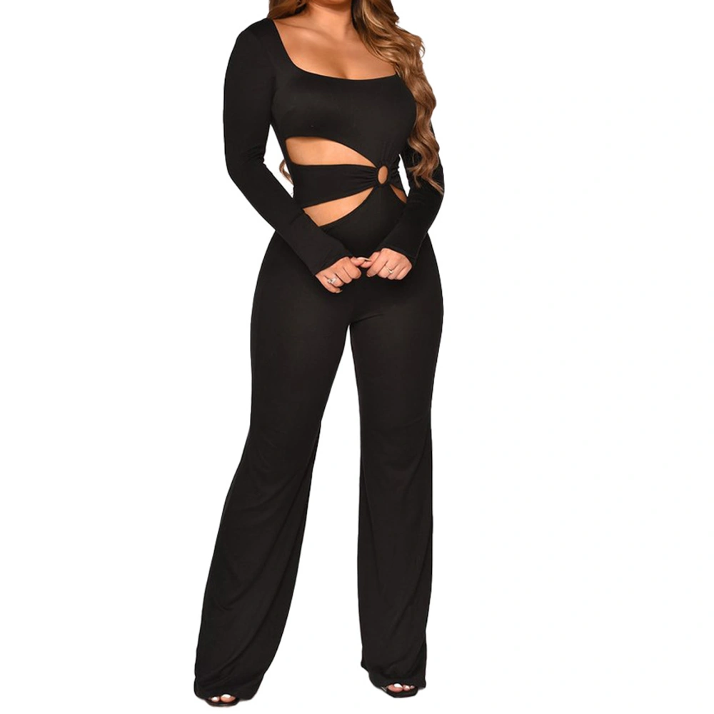 Women's Square Neck Rompers Long Sleeve Cutout Flare Jumpsuit Pants