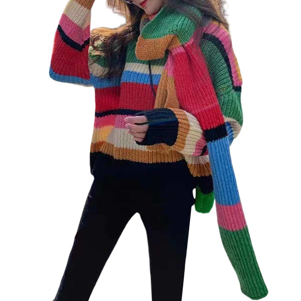 Women's Spring Long Sleeve Colorful Striped Knitwear with Scarf