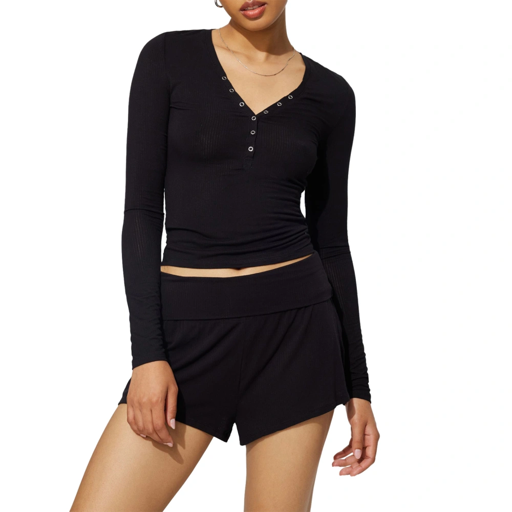 Women’s Two Piece Casual Outfits Long Sleeve Henley Shirt and Shorts 