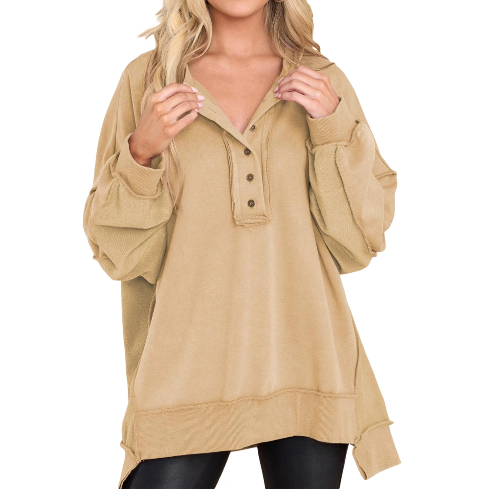 Women's Spring Solid Color Long Sleeve V Neck Button Up Pullover  