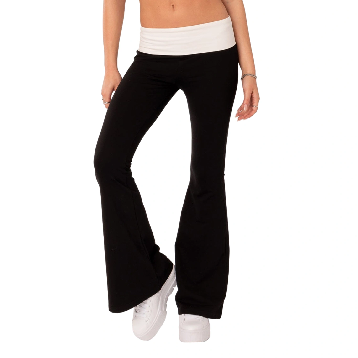 Women Flared Pants Casual Contrast Color Elastic Waist Bell Bottoms 