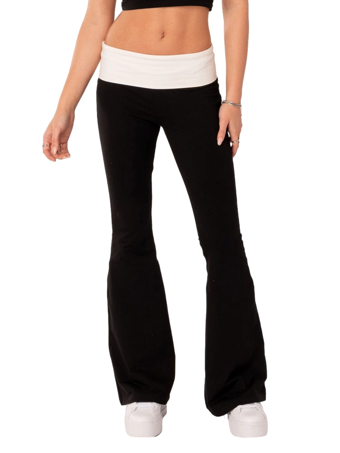 Women Flared Pants Casual Contrast Color Elastic Waist Bell Bottoms 