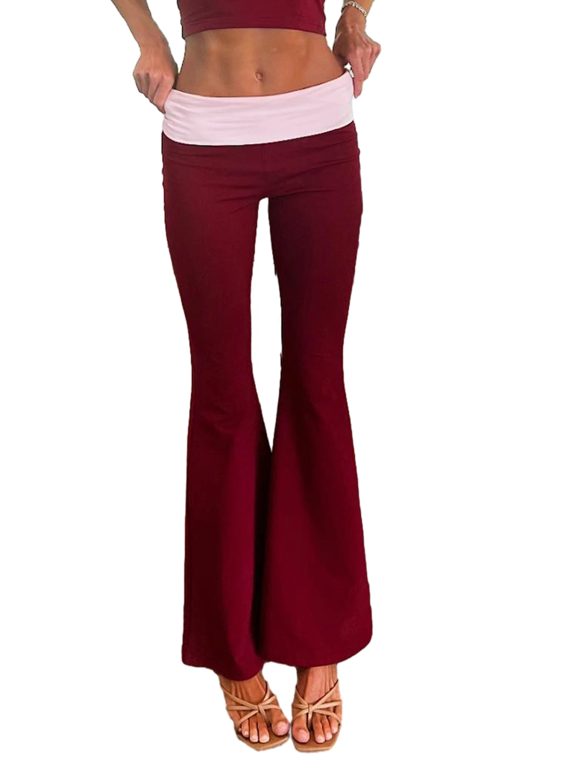 Women Flared Pants Casual Contrast Color Elastic Waist Bell Bottoms 
