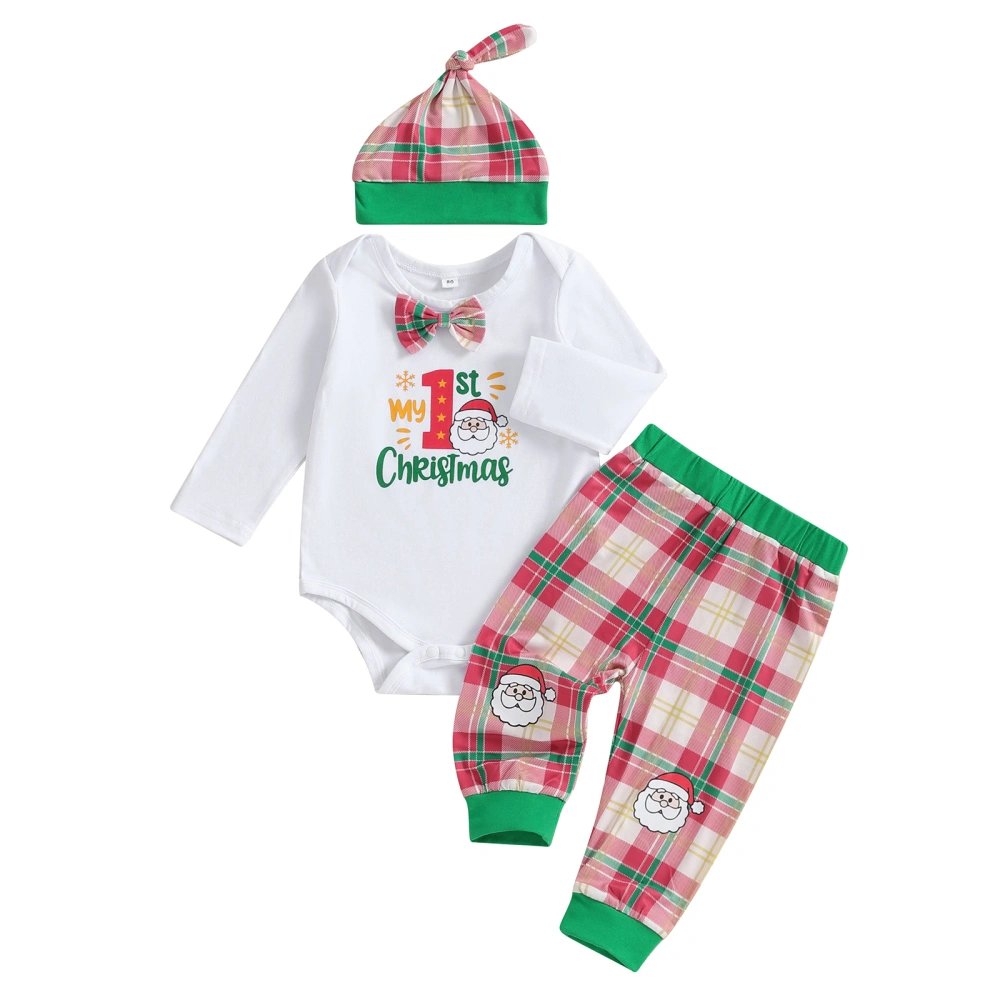 Infant Baby Christmas Long Sleeve Romper with Plaid Pants and Hat