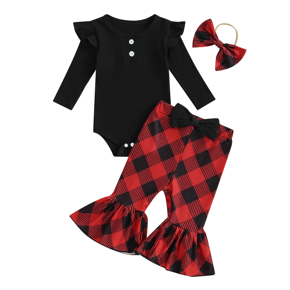 Baby Girls Fall Outfit, Romper with Plaid Flare Pants and Headband