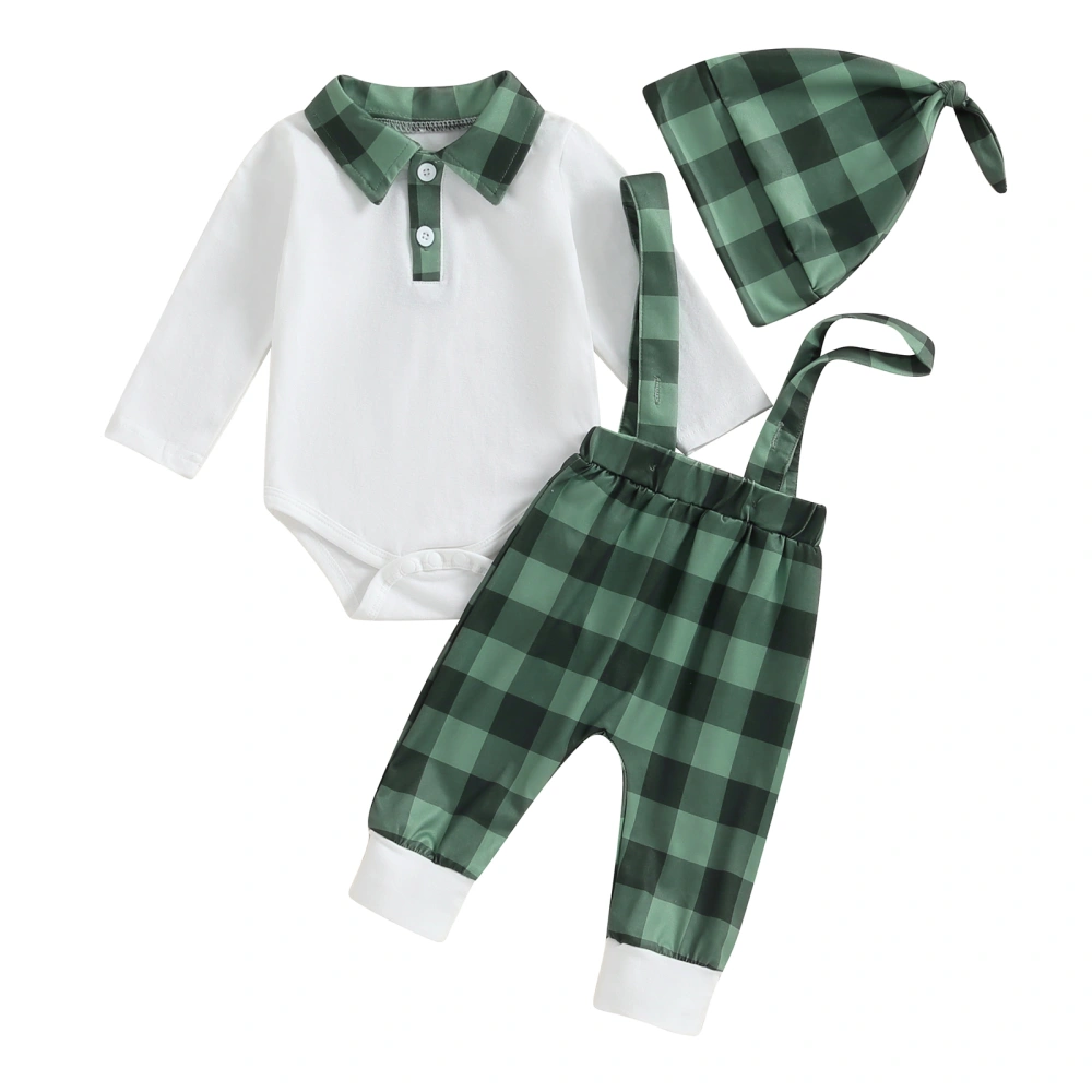 Baby Boys 3Pcs Fall Outfits Lapel Romper+Suspender Pants+Hat