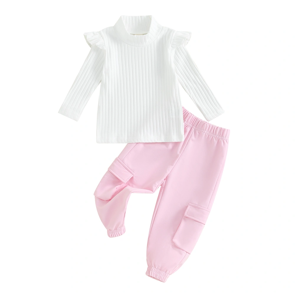 Girls Autumn White Long Sleeve Ruffle Tops Pink Cargo Pants Sets