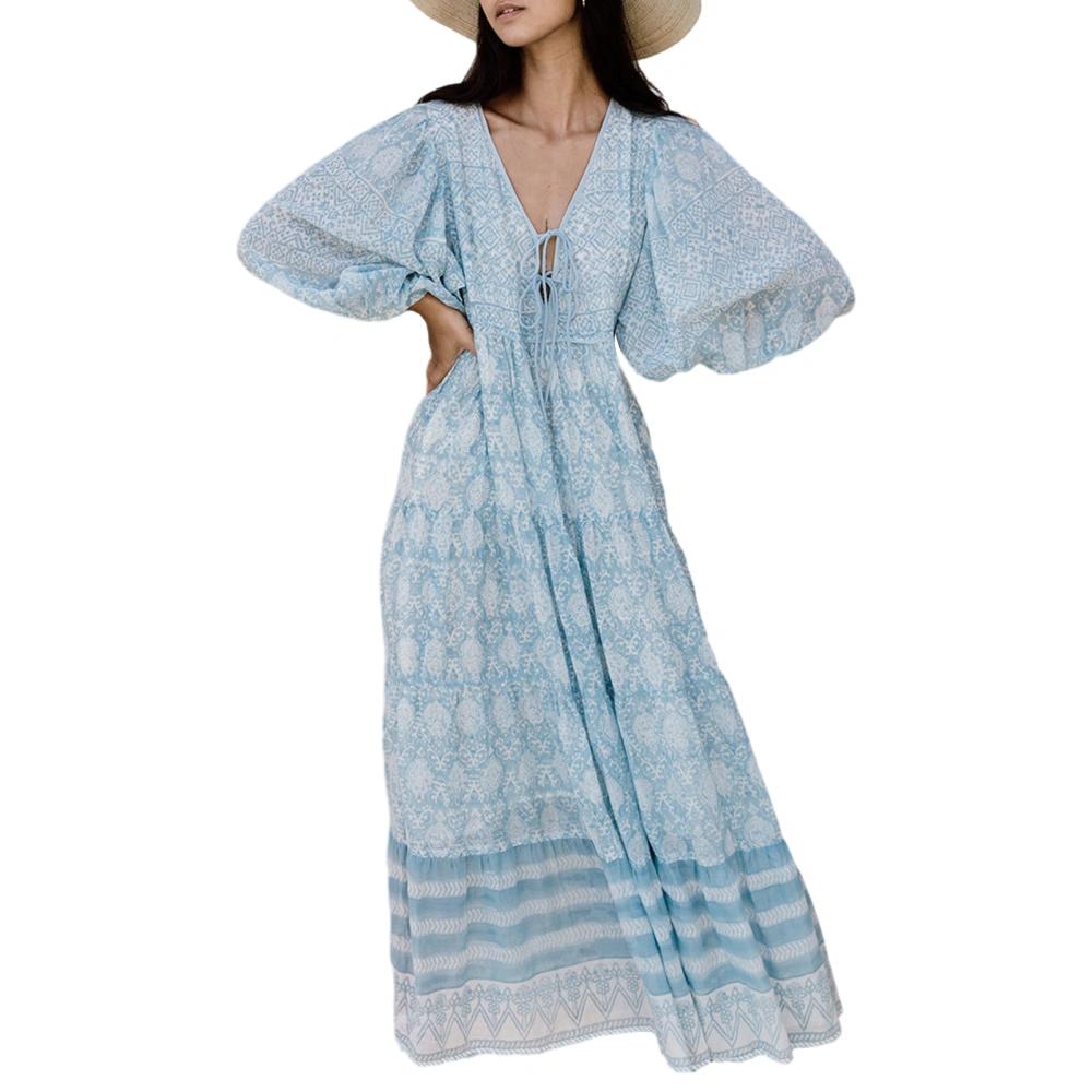 Women's Long Lantern Sleeve Tie-up V-Neck Retro Print Long Dress 