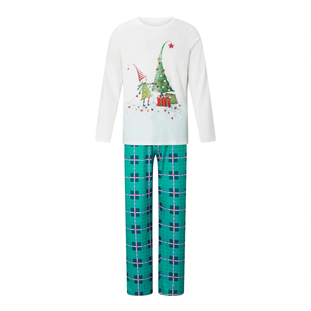 Christmas Tree Print Long Sleeve Crewneck Tops Plaid Pants Sleepwear