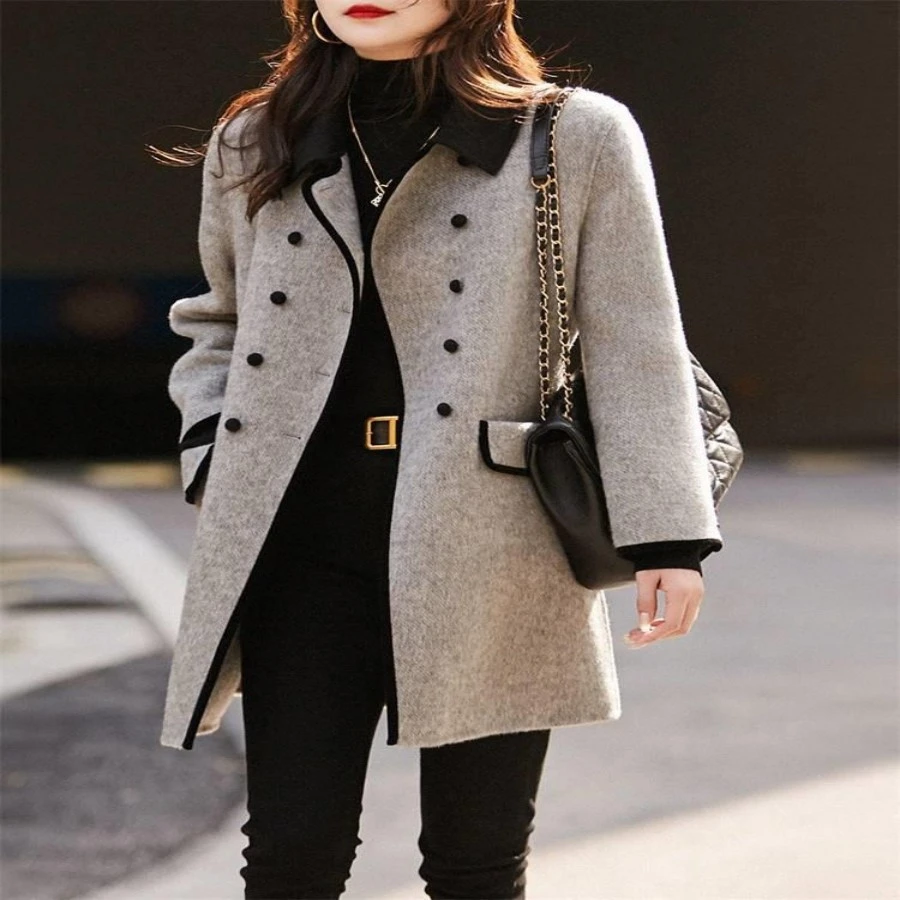 Casual Contrast Color Peter Pan Collar Reversible Woolen Coat
