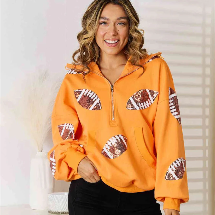 Rugby Sequined Hooded Sweater Zipper Drawstring Long Sleeve Coat Top