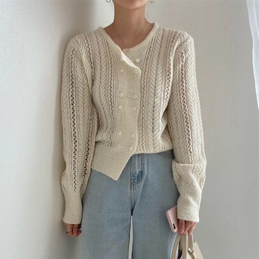 Gentle Elegant Taro Purple Double-breasted Lazy Loose Knitted Cardigan Sweater Coat