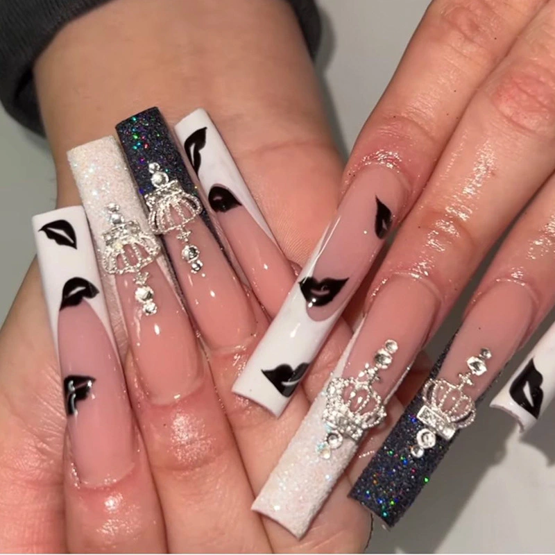 Wear A Nail Piece Long Ballet Black And White Lip Print Nail Beauty Rhinestone Removable Patch