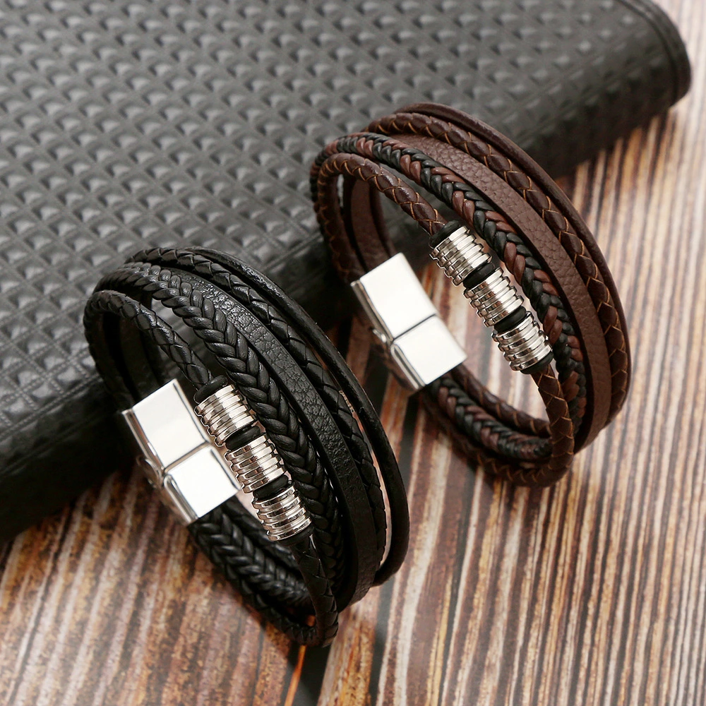 Popular Stainless Steel Woven Leather Magnetic Buckle Bracelet