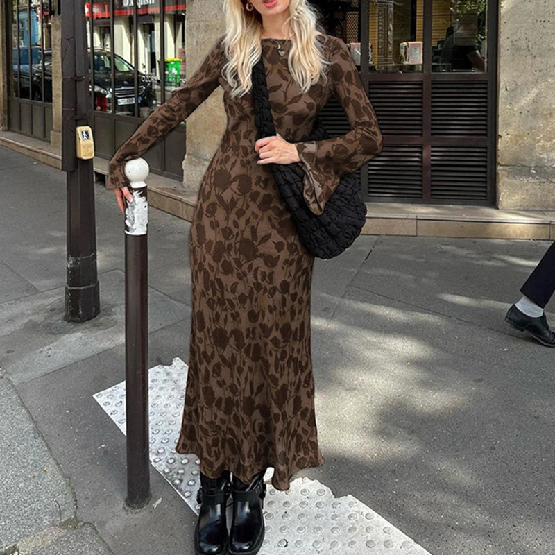 Vintage Printed Contrast Color Casual Bell Sleeve Hot Girl Dress