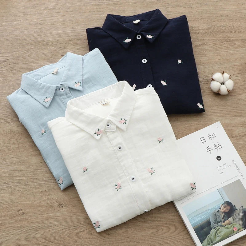Long Sleeve Inner Wear Shirt Lapel Embroidery Floral All Cotton Base Shirt