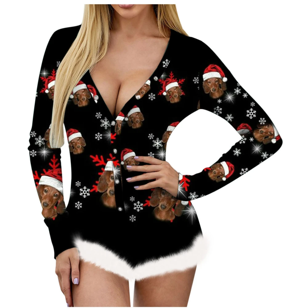 Christmas Women's Top Printed Sexy Long Sleeve V-neck Backless Furry Jumpsuit