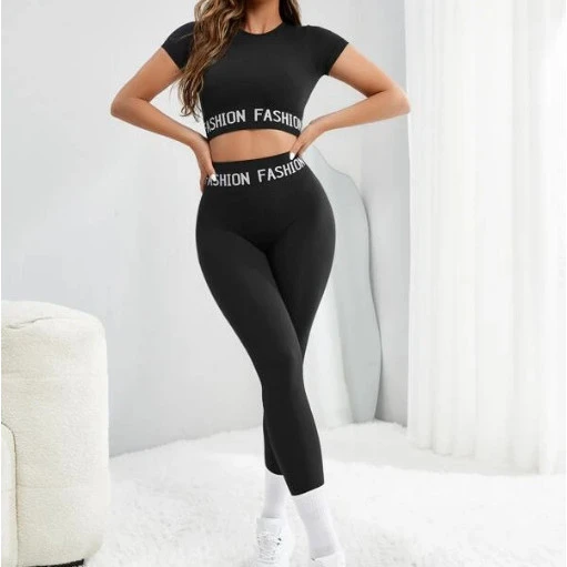 Women's Fashion Casual High Elastic Body Shaping Letter Running Sports Fitness Short T Pants Suit