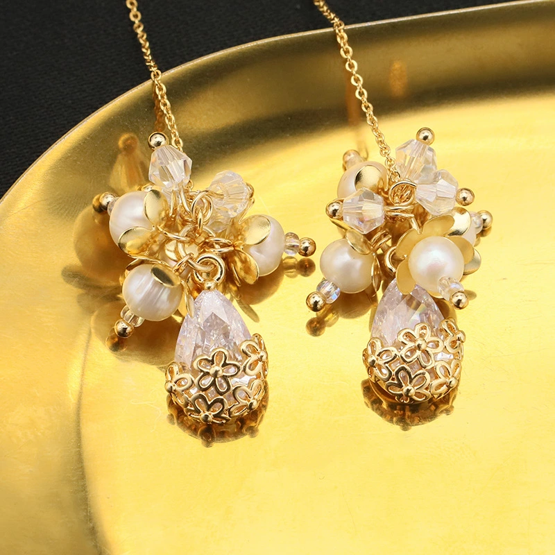 Natural Pearl Elegant Retro Zircon Flower Cluster Hanging Earrings Ins