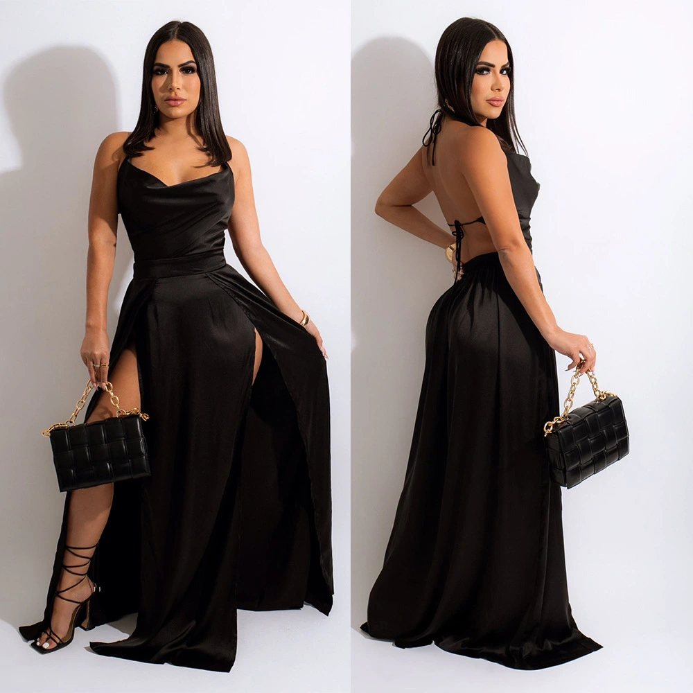 Sling Backless Swing Collar Split Dress Women