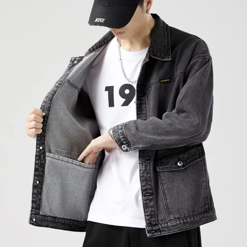 Denim Loose Spring And Autumn Trendy Workwear Jacket Top Denim Short Gown Men