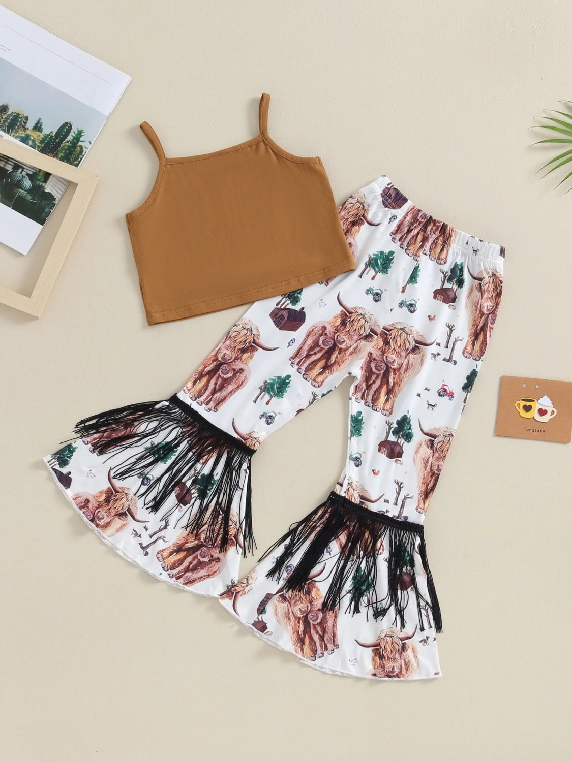 Girls Letter Print Camisole Cattle Head Print Flared Pants Set