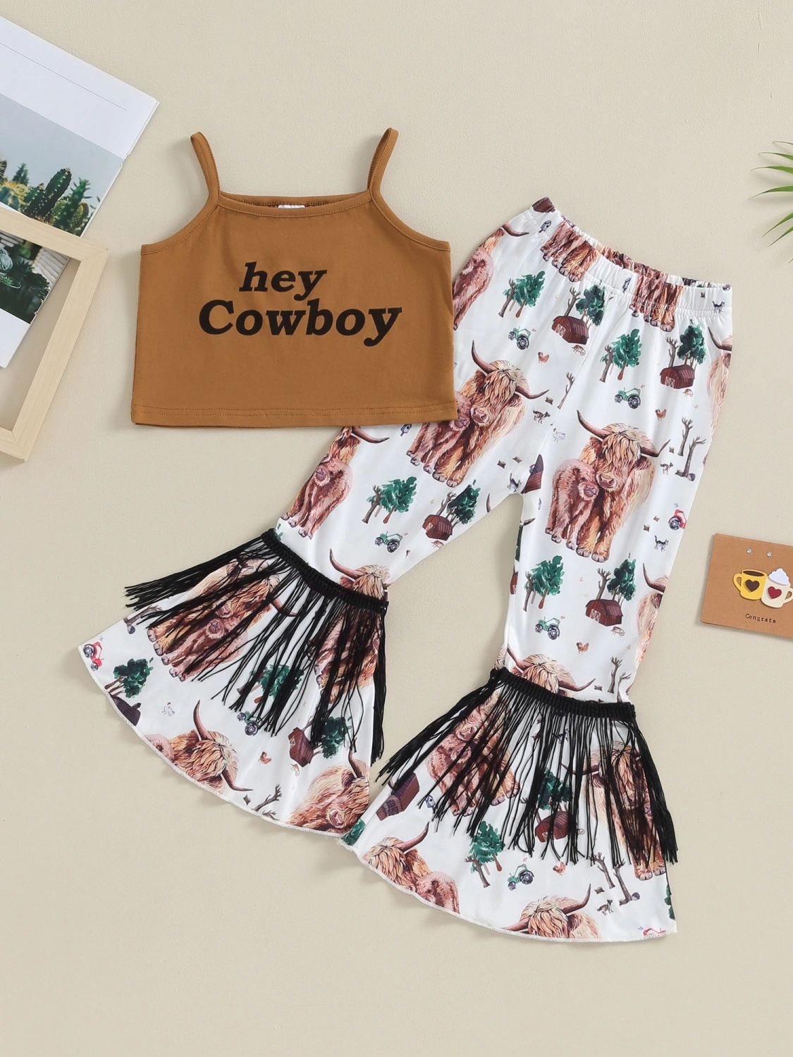 Girls Letter Print Camisole Cattle Head Print Flared Pants Set